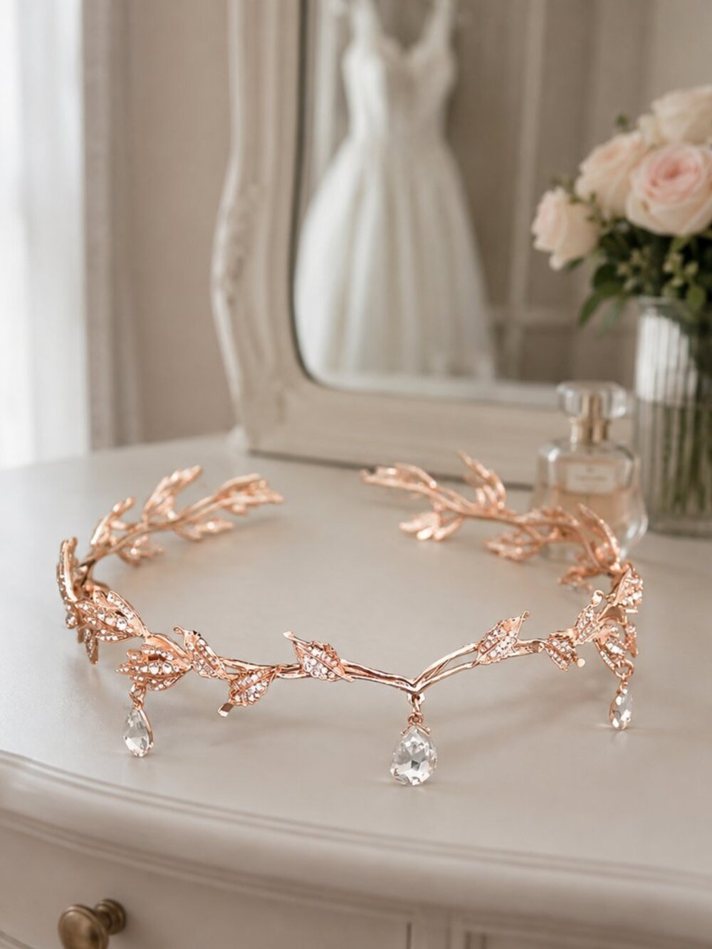 Rose Gold Rhinestone Tiara Crown for Women Wedding Bridal
